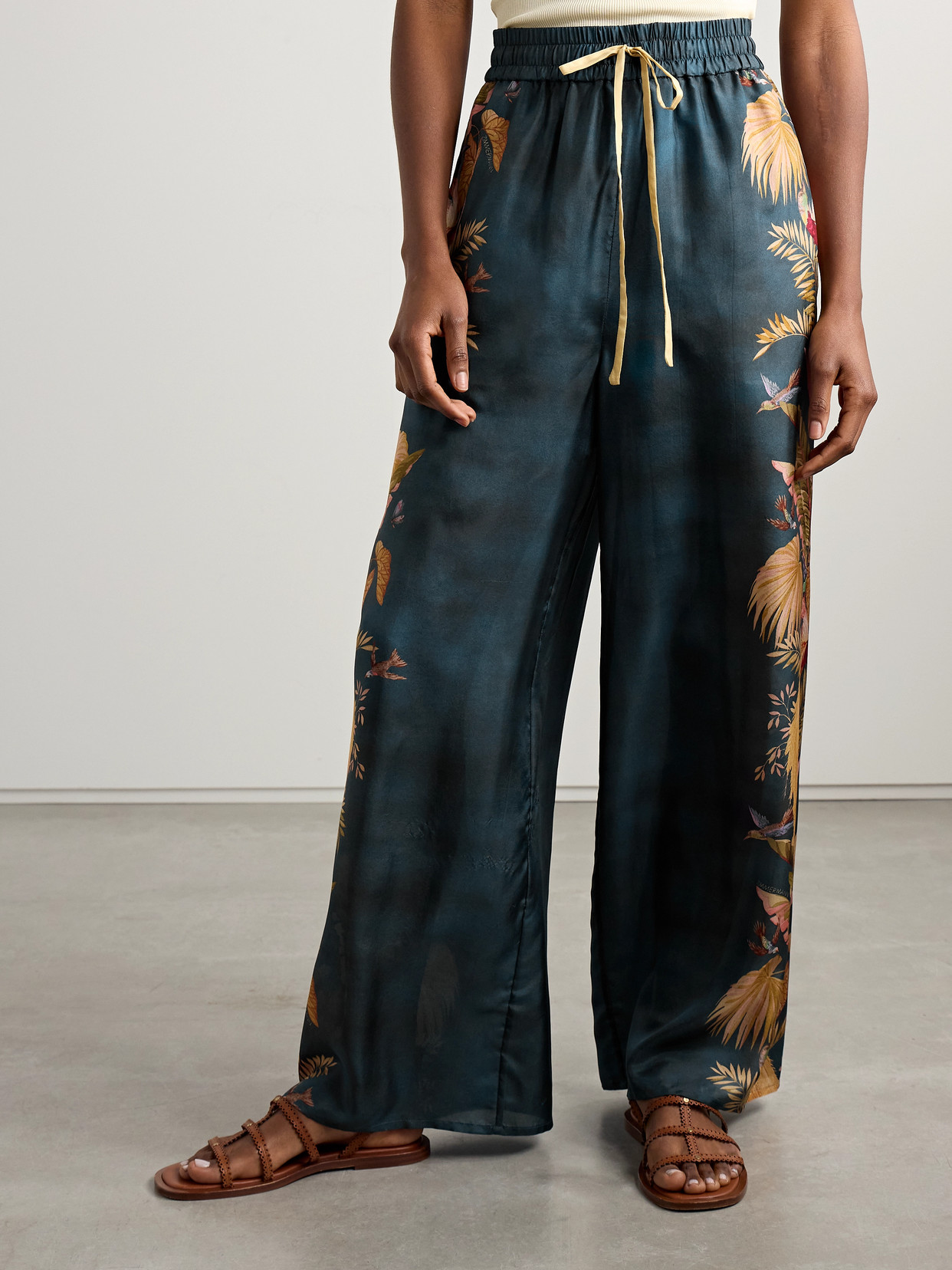 Zimmermann Womens Dark Blue Palm Floral Ascension Relaxed-fit Silk Trousers