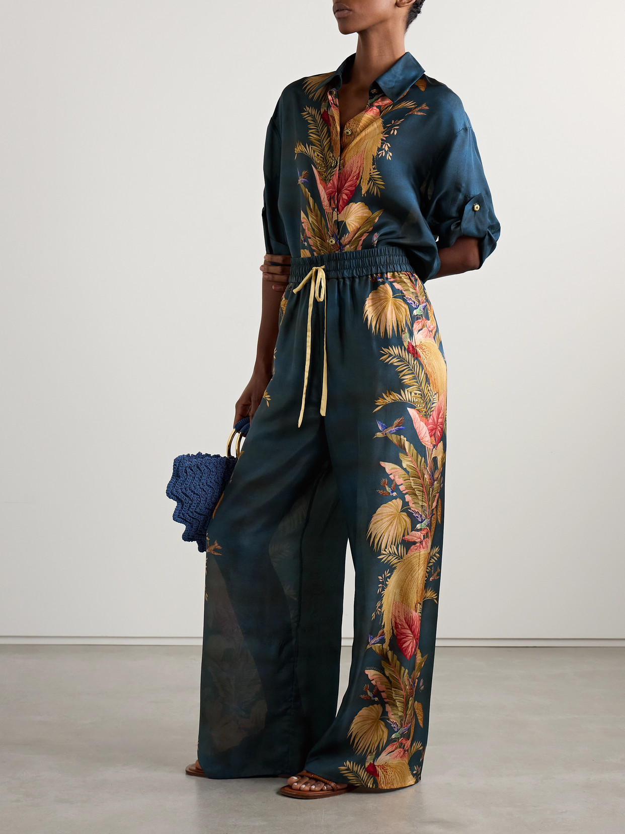 Zimmermann Womens Dark Blue Palm Floral Ascension Relaxed-fit Silk Trousers