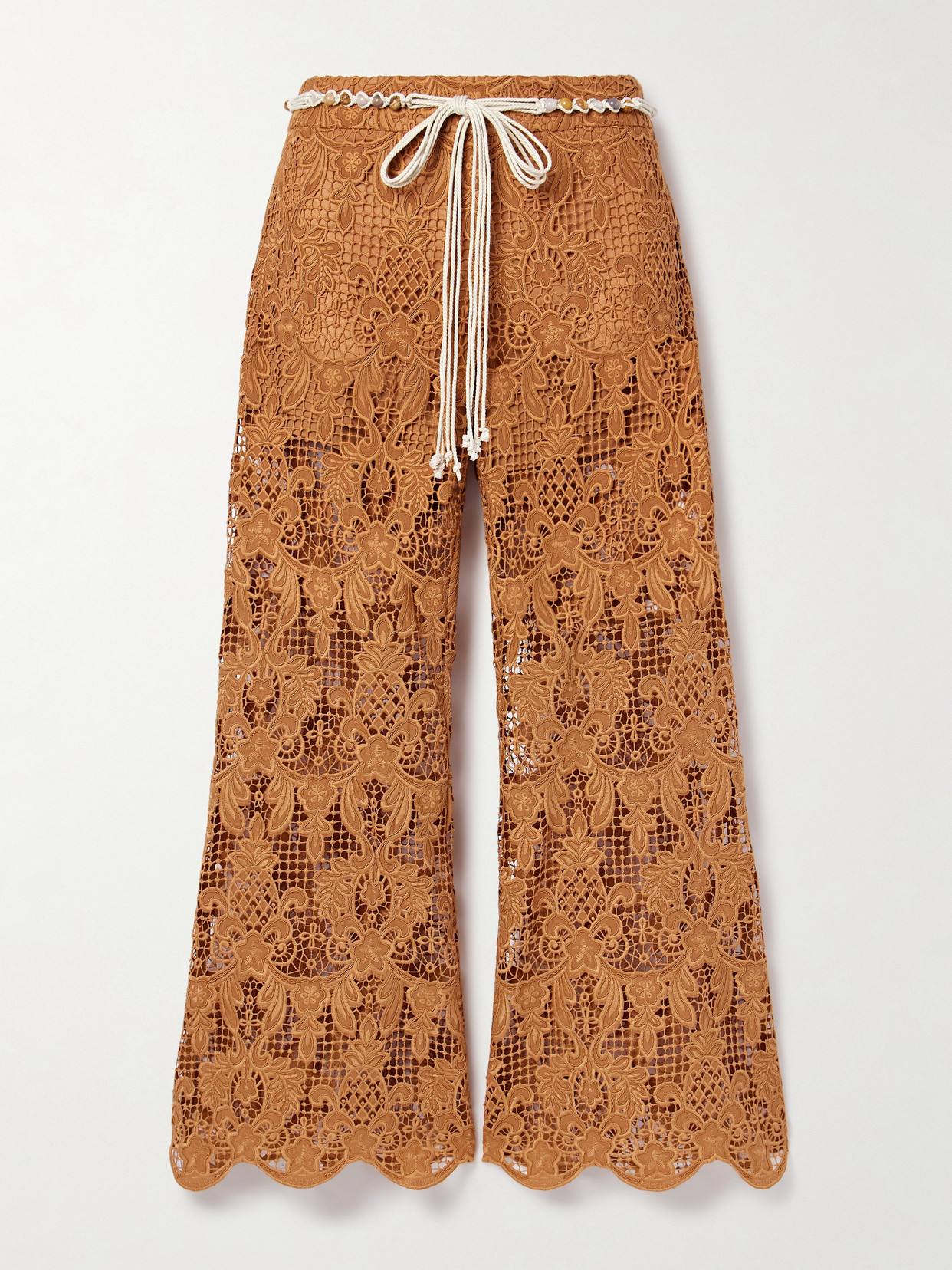 Zimmermann Coco Belted Guipure Lace Cotton Flared Trousers