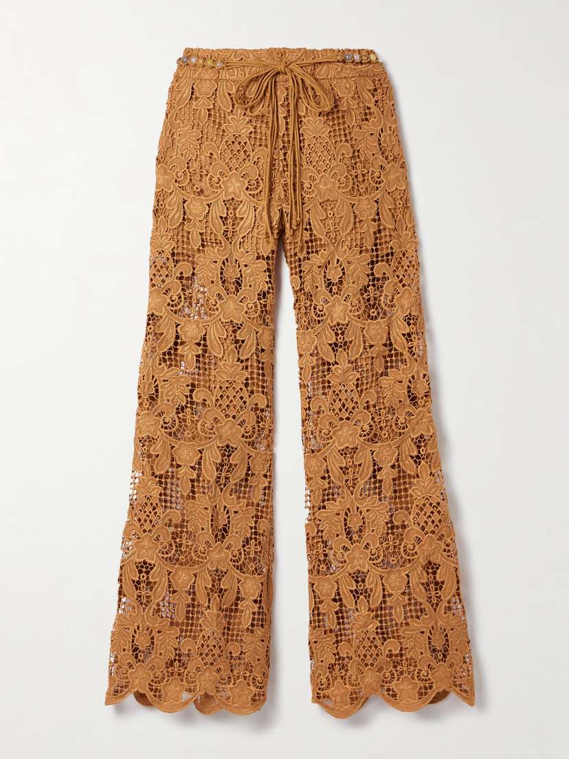 Zimmermann Coco Belted Guipure Lace Cotton Flared Pants