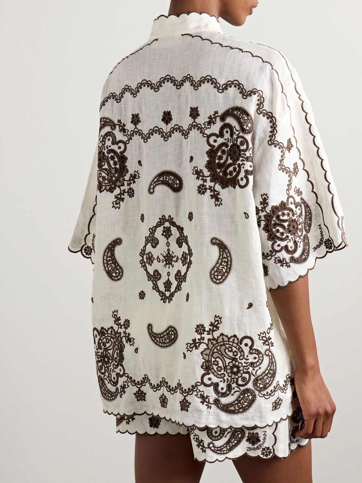 ZIMMERMANN ASCENSION LEATHER-TRIMMED BRODERIE ANGLAISE LINEN SHIRT