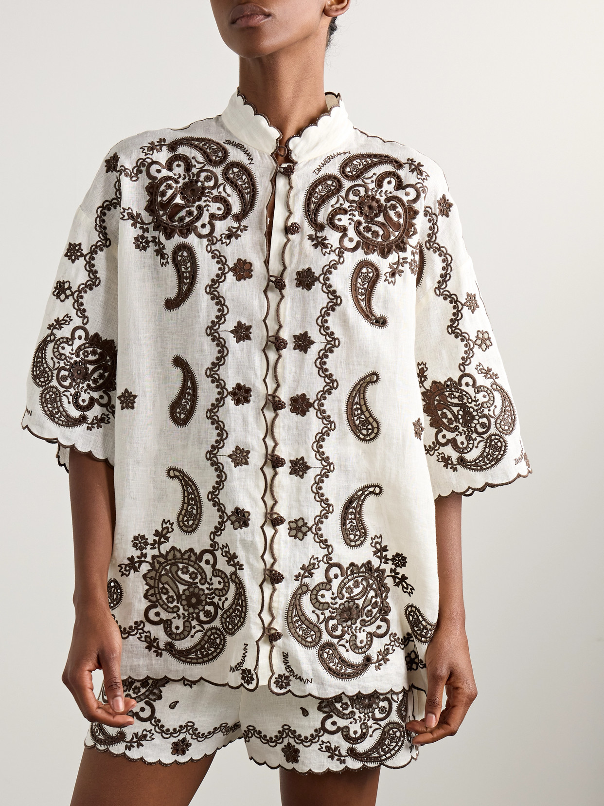 ZIMMERMANN ASCENSION LEATHER-TRIMMED BRODERIE ANGLAISE LINEN SHIRT