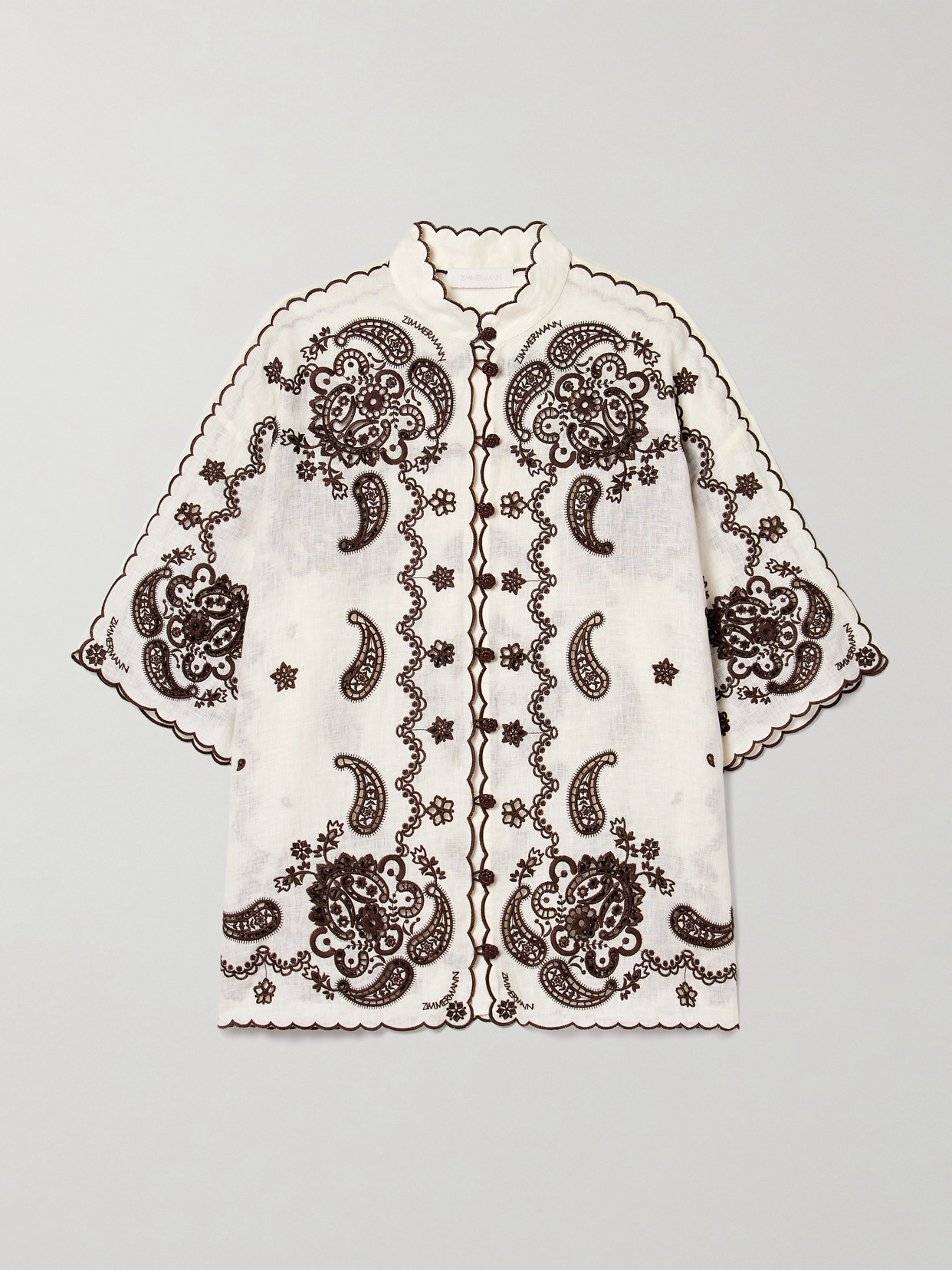 ZIMMERMANN ASCENSION LEATHER-TRIMMED BRODERIE ANGLAISE LINEN SHIRT