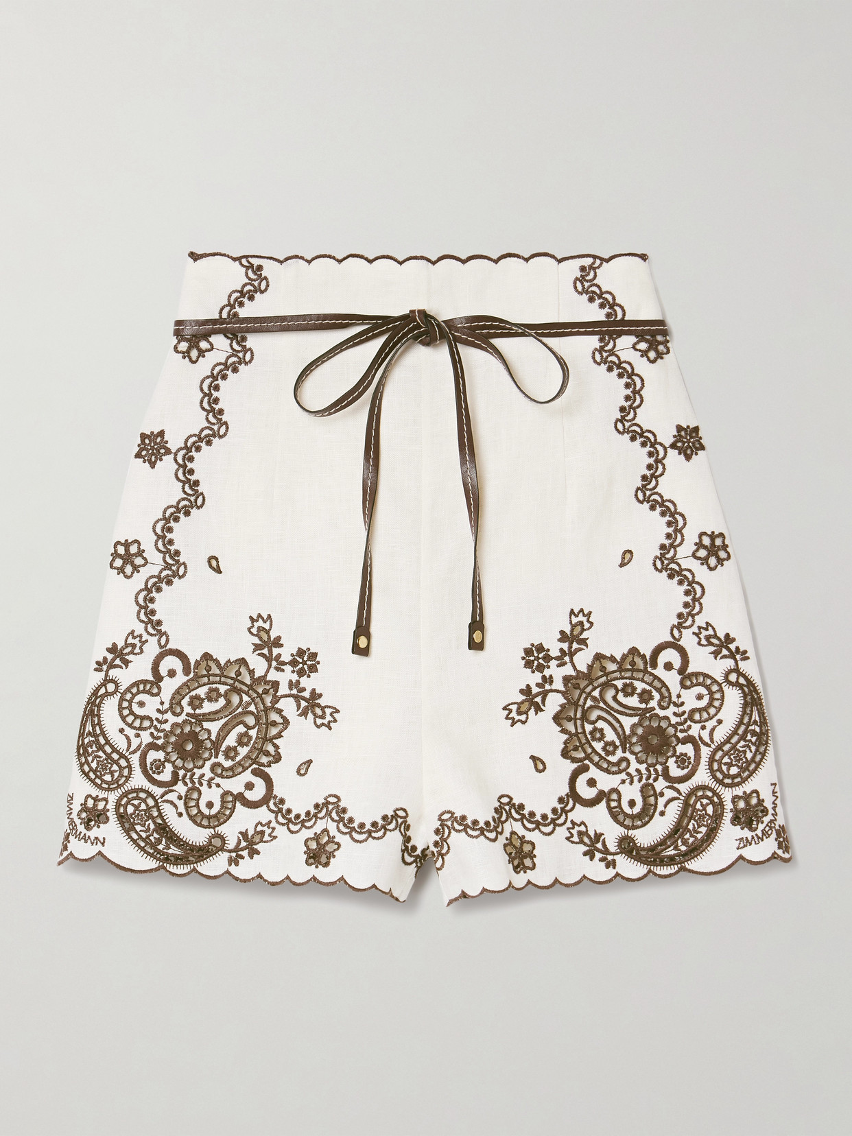Zimmermann Ascension Leather-trimmed Broderie Anglaise Linen Shorts