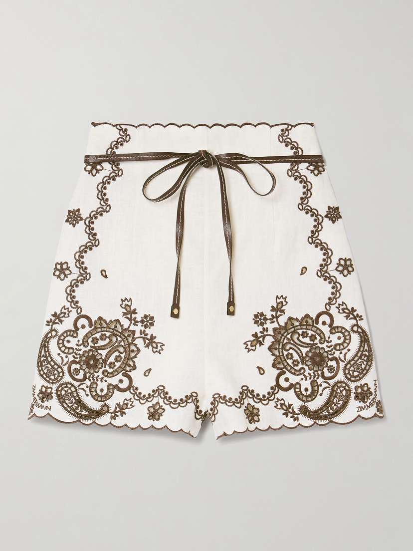 Zimmermann Ascension Leather-trimmed Broderie Anglaise Linen Shorts