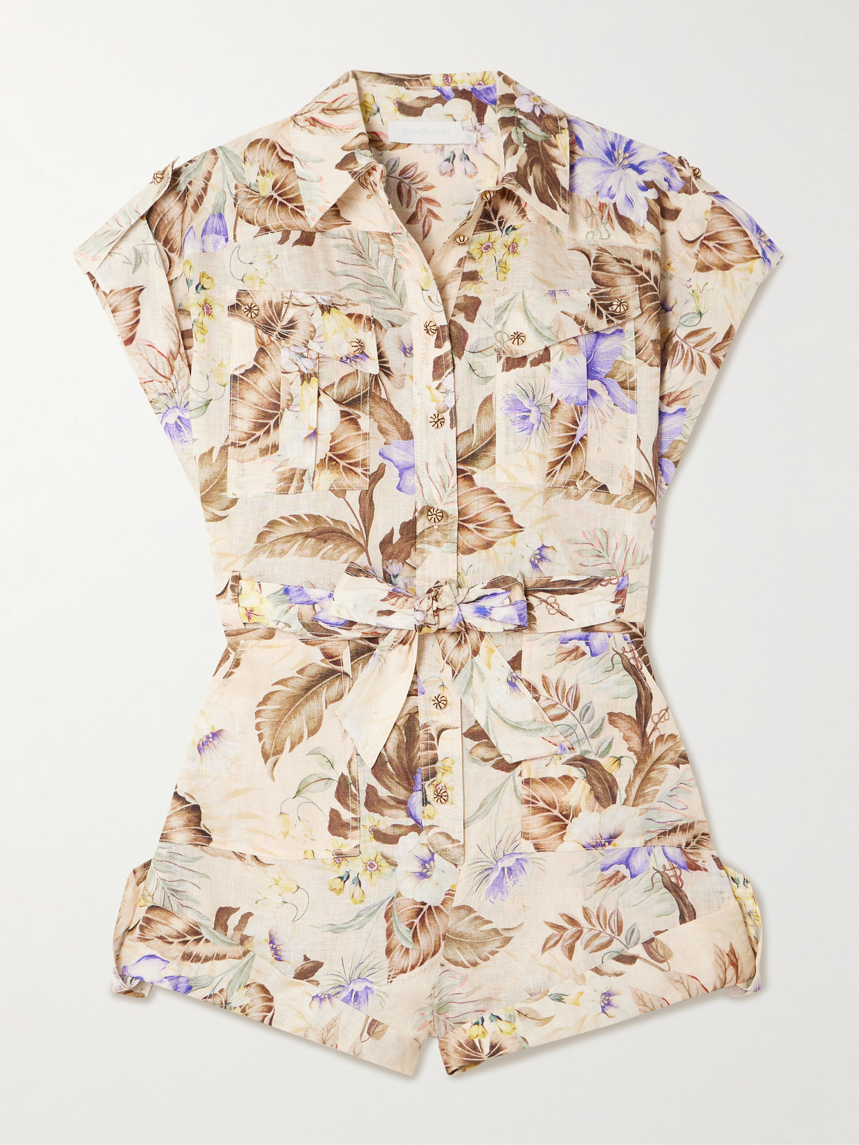 Zimmermann Coco Belted Printed Linen Playsuit
