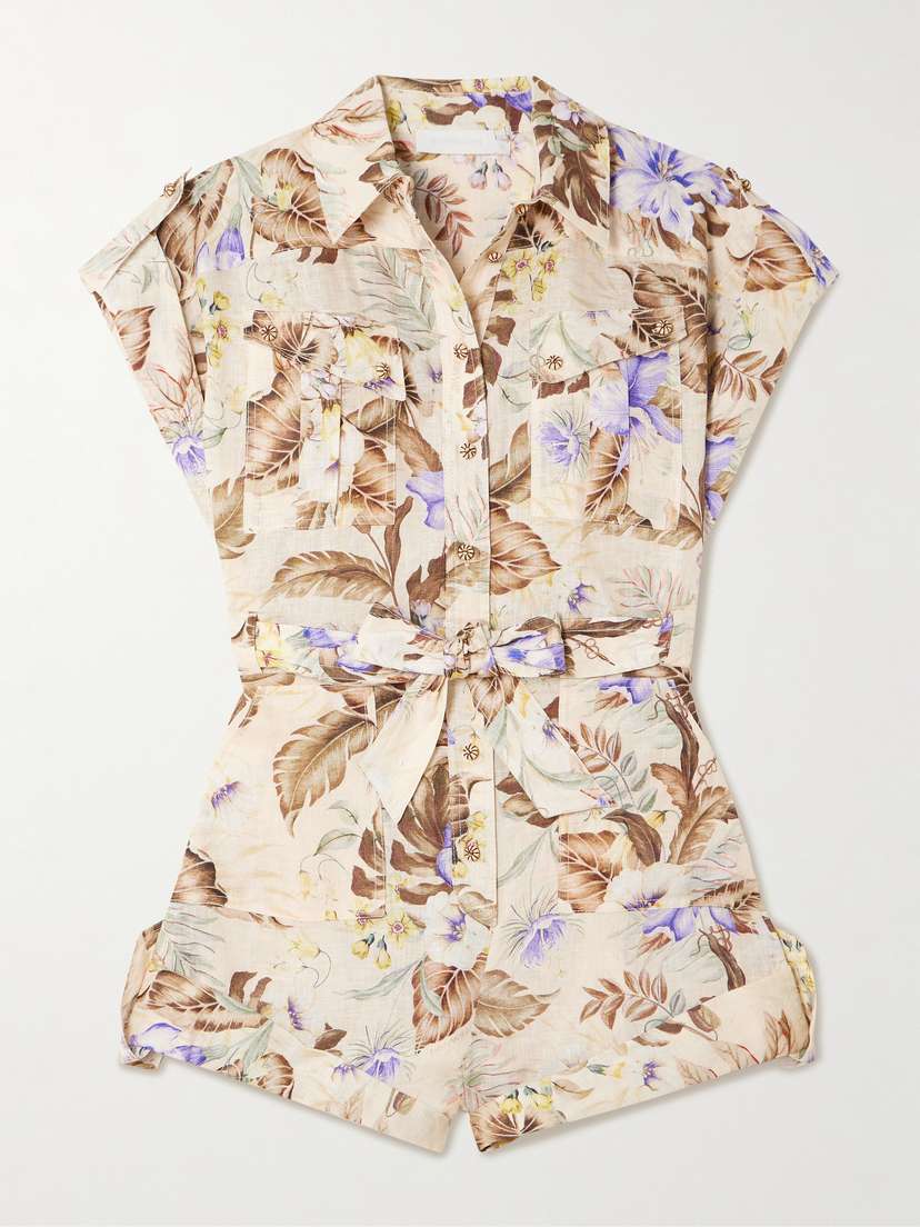 Zimmermann Coco Belted Printed Linen Playsuit