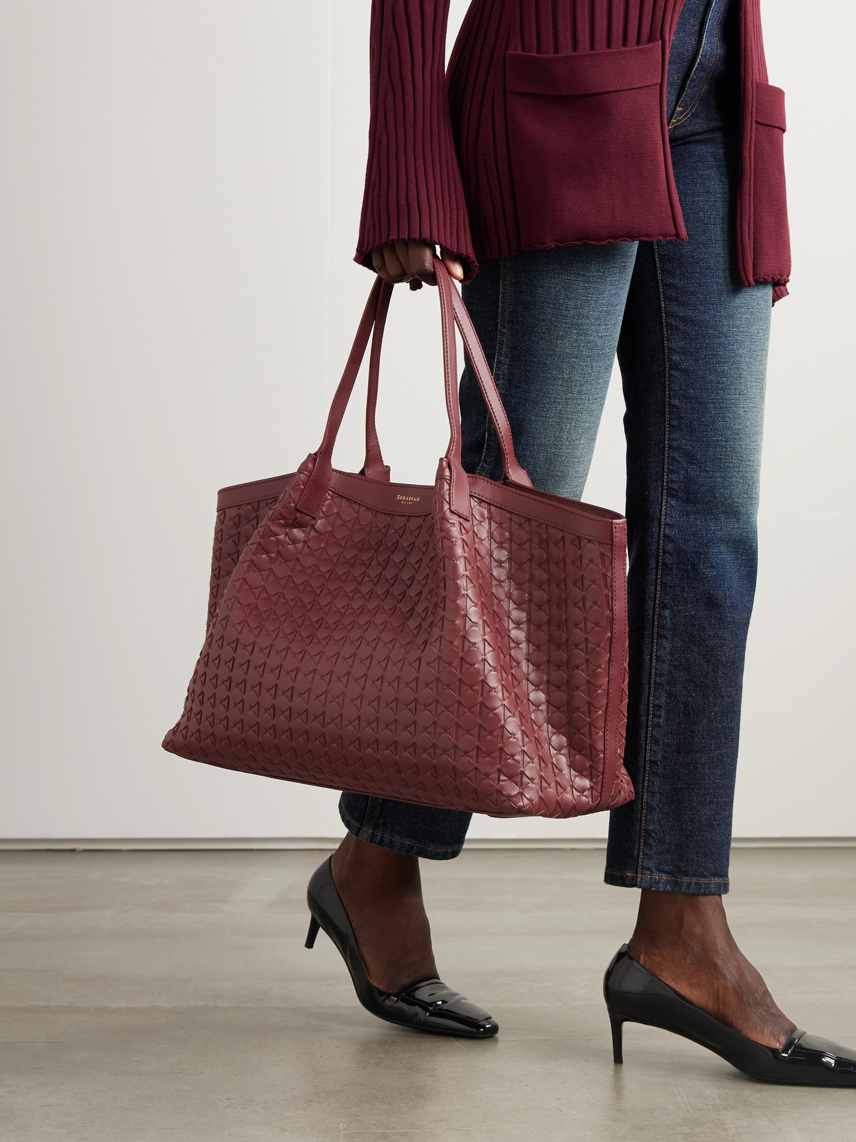 Serapian Secret Large Woven Leather Tote In Burgundy