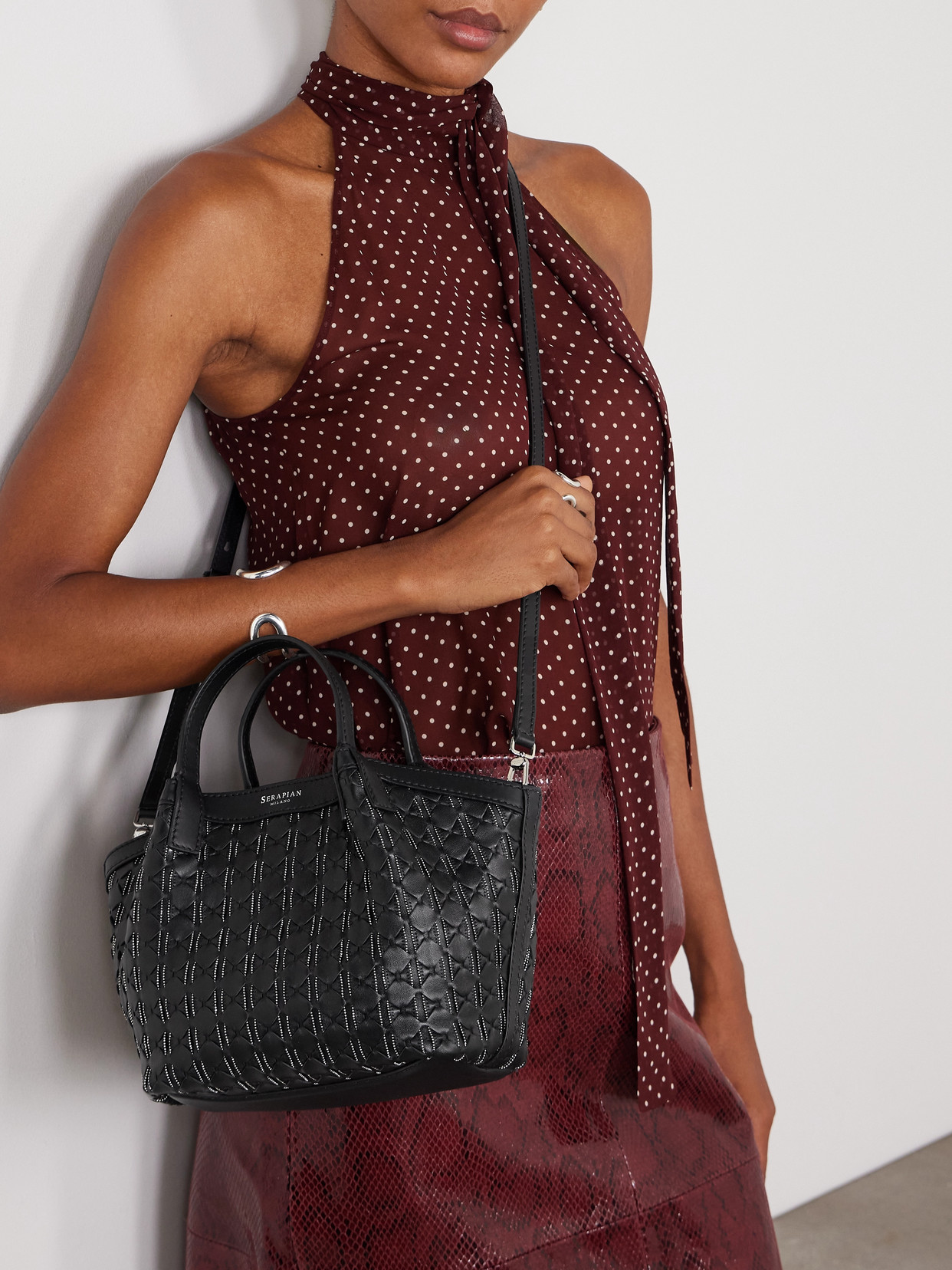 Serapian Mini Secret Mosaico Leather Microchain Tote Bag In Black