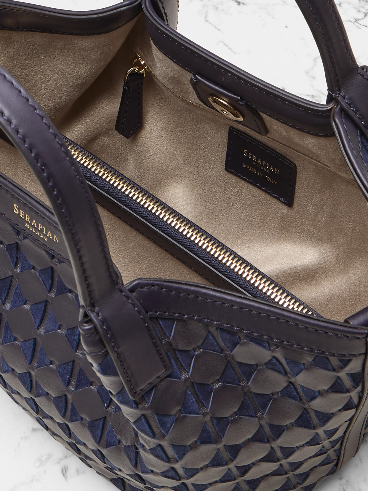 Serapian Woven Leather And Suede Shoulder Bag In Blue