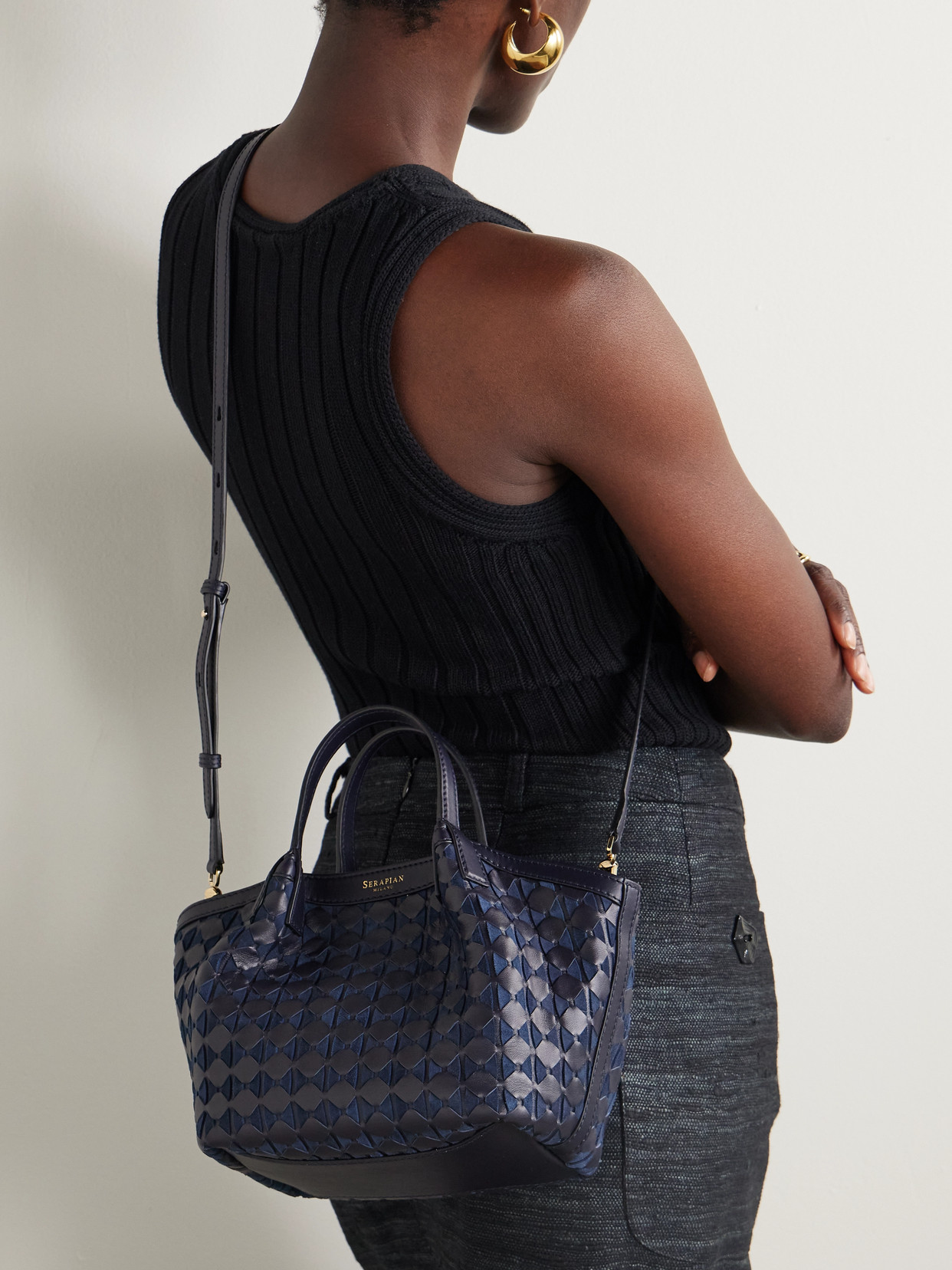 Serapian Woven Leather And Suede Shoulder Bag In Blue