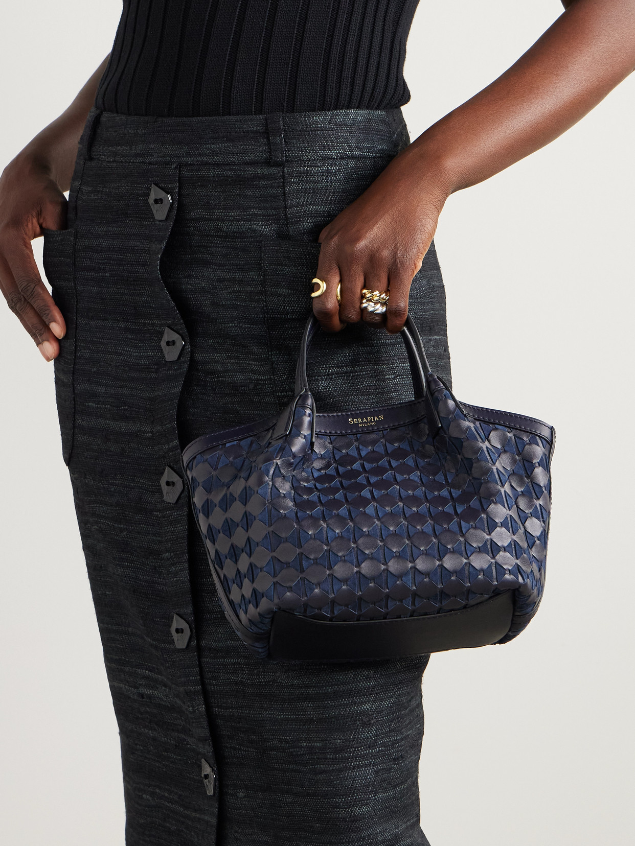 Serapian Woven Leather And Suede Shoulder Bag In Blue