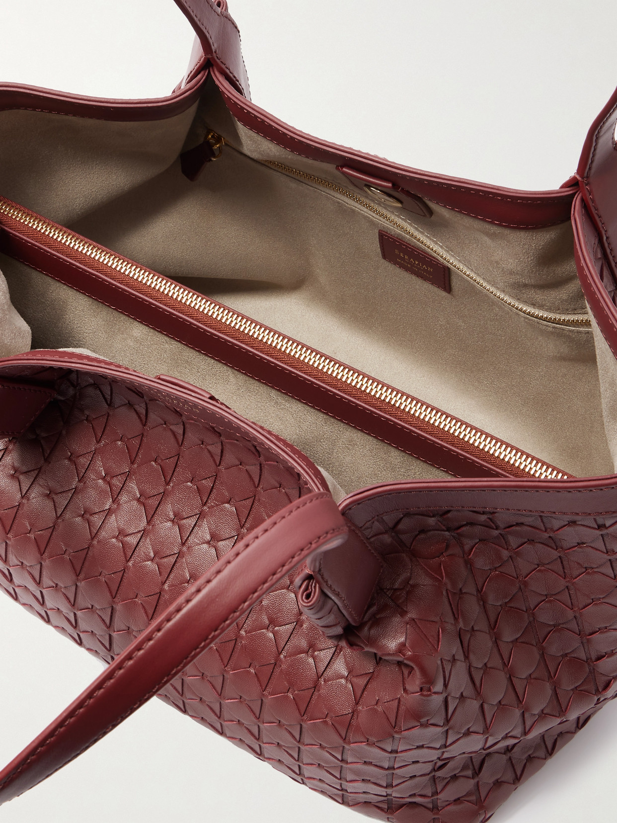 Serapian Secret Small Woven Leather Tote In Burgundy