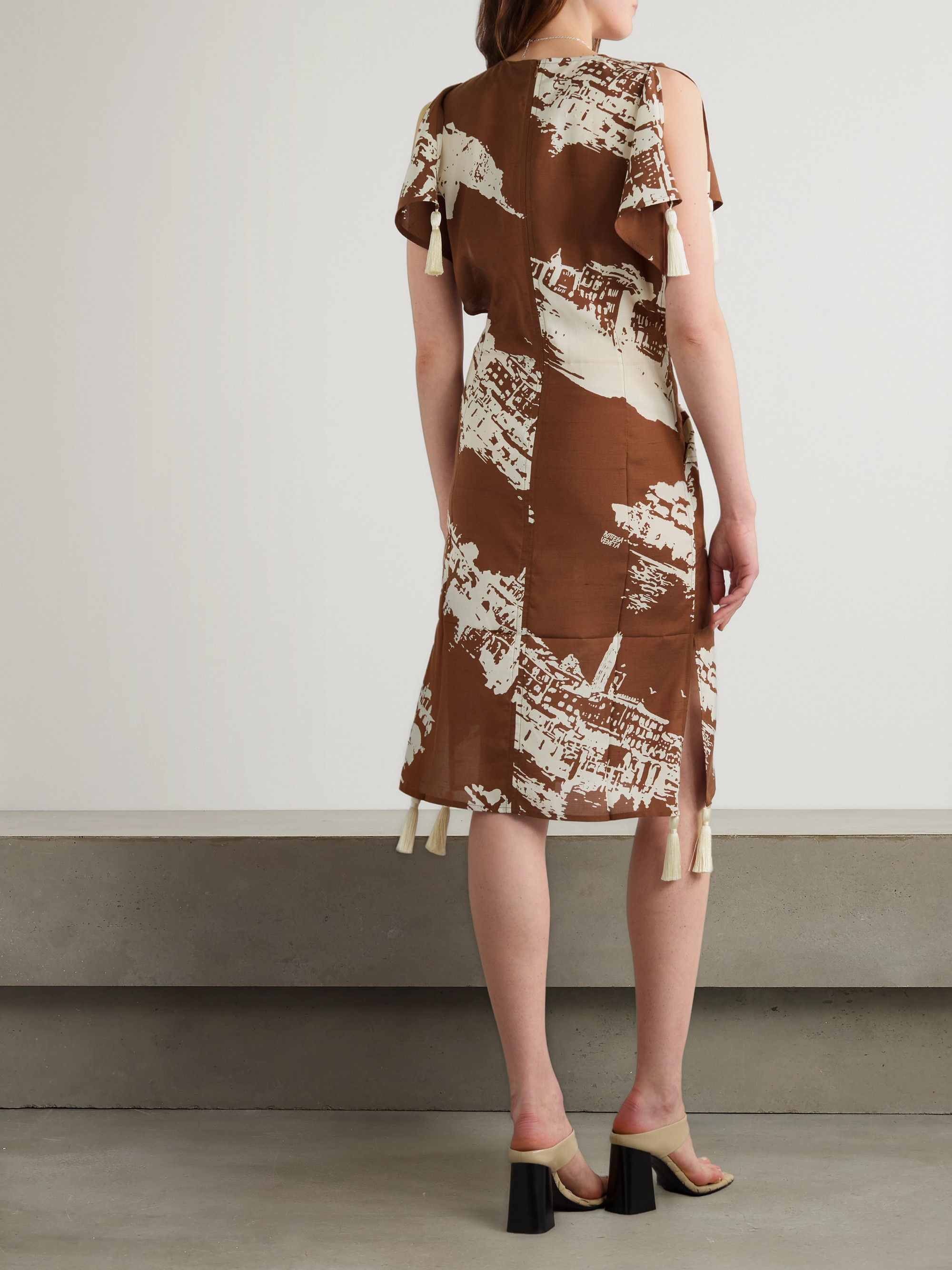 Bottega Veneta Tasseled printed silk and cotton-blend shantung dress