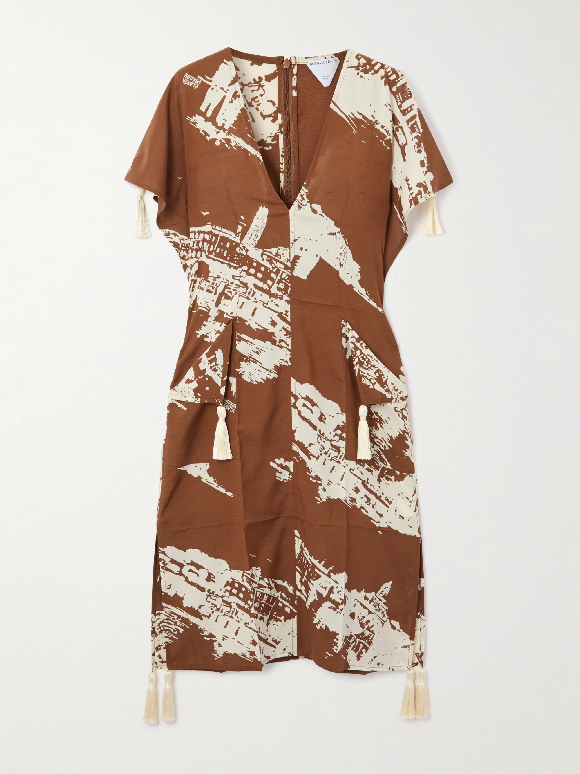 Bottega Veneta Tasseled printed silk and cotton-blend shantung dress