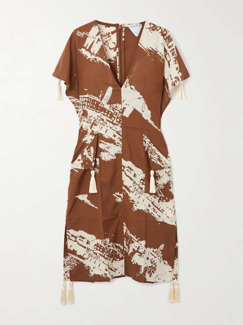 Bottega Veneta Tasseled Printed Silk And Cotton-blend Shantung Dress