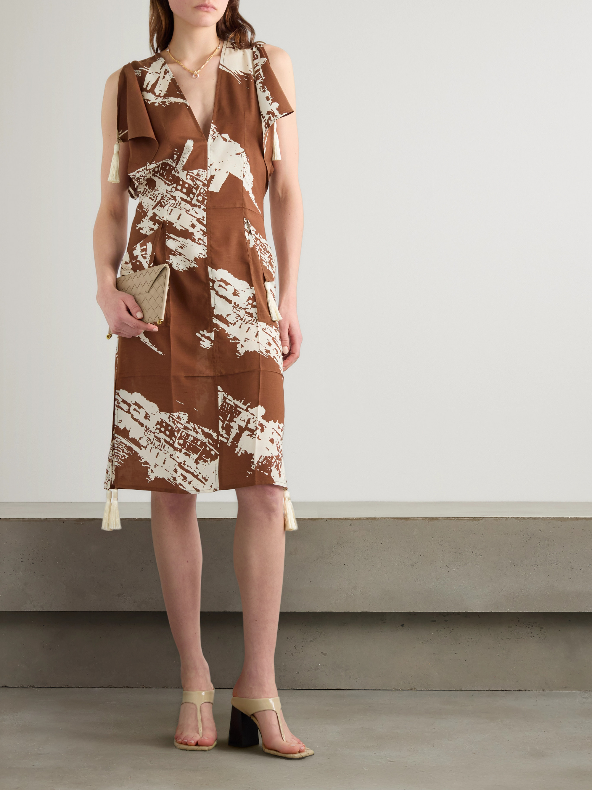 Bottega Veneta Tasseled printed silk and cotton-blend shantung dress
