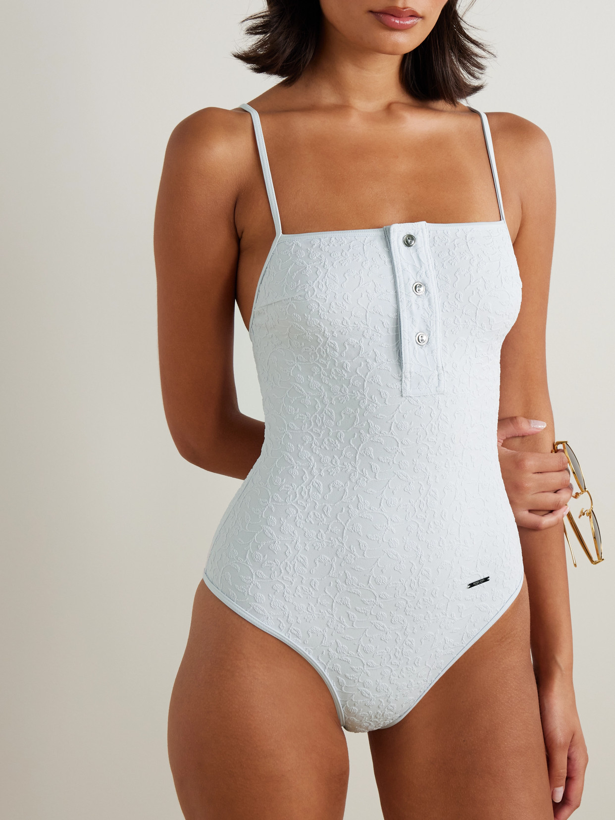 Bottega Veneta Button-detailed Floral Cloqué Swimsuit In Red