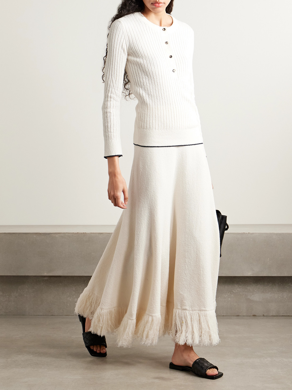 Shop Bottega Veneta Fringed Cotton-blend Bouclé Maxi Skirt