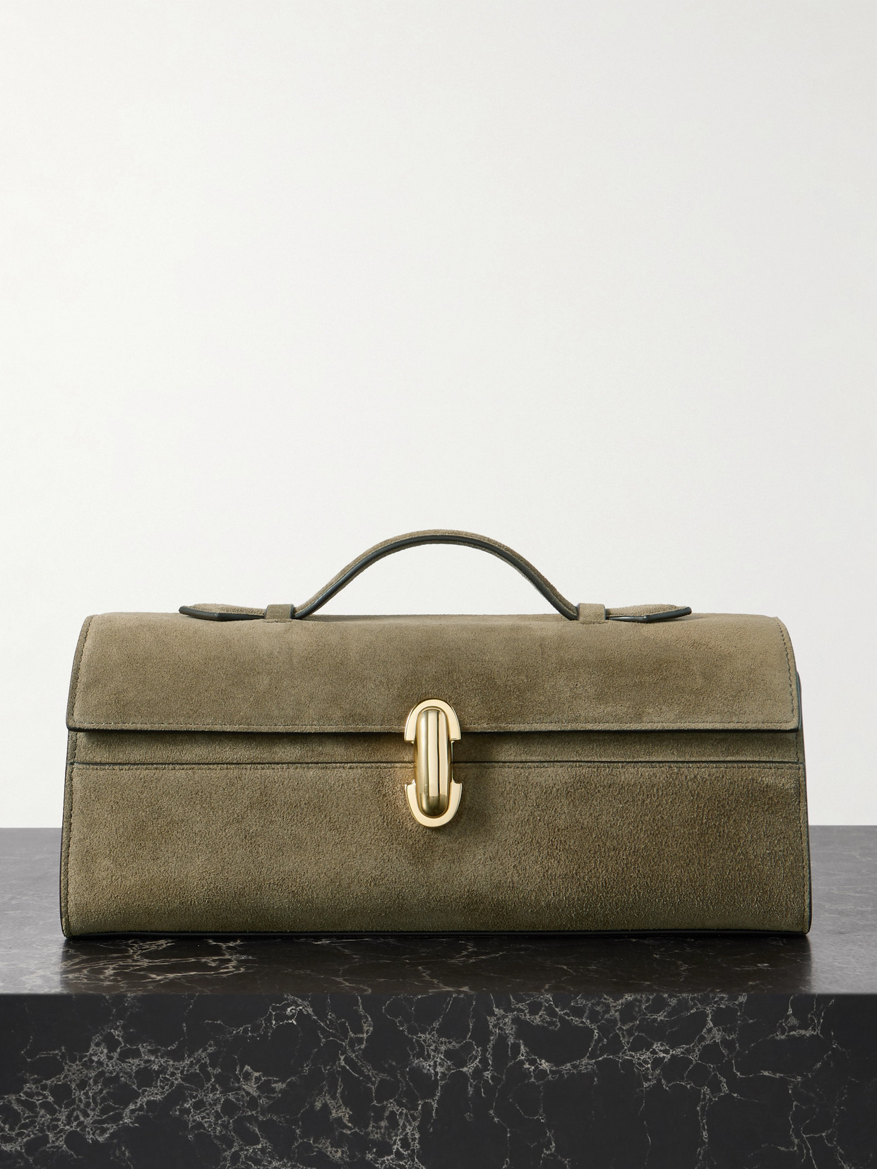 Savette Slim Symmetry Pochette Suede Tote In Brown