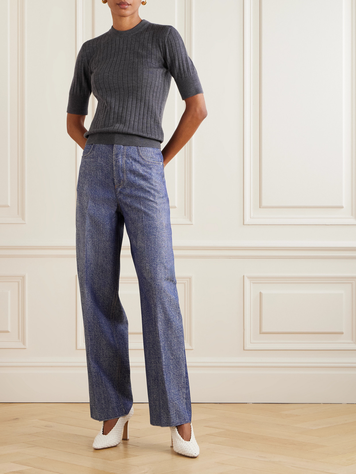 Bottega Veneta Womens Anthracite Ribbed Round-neck Wool Top