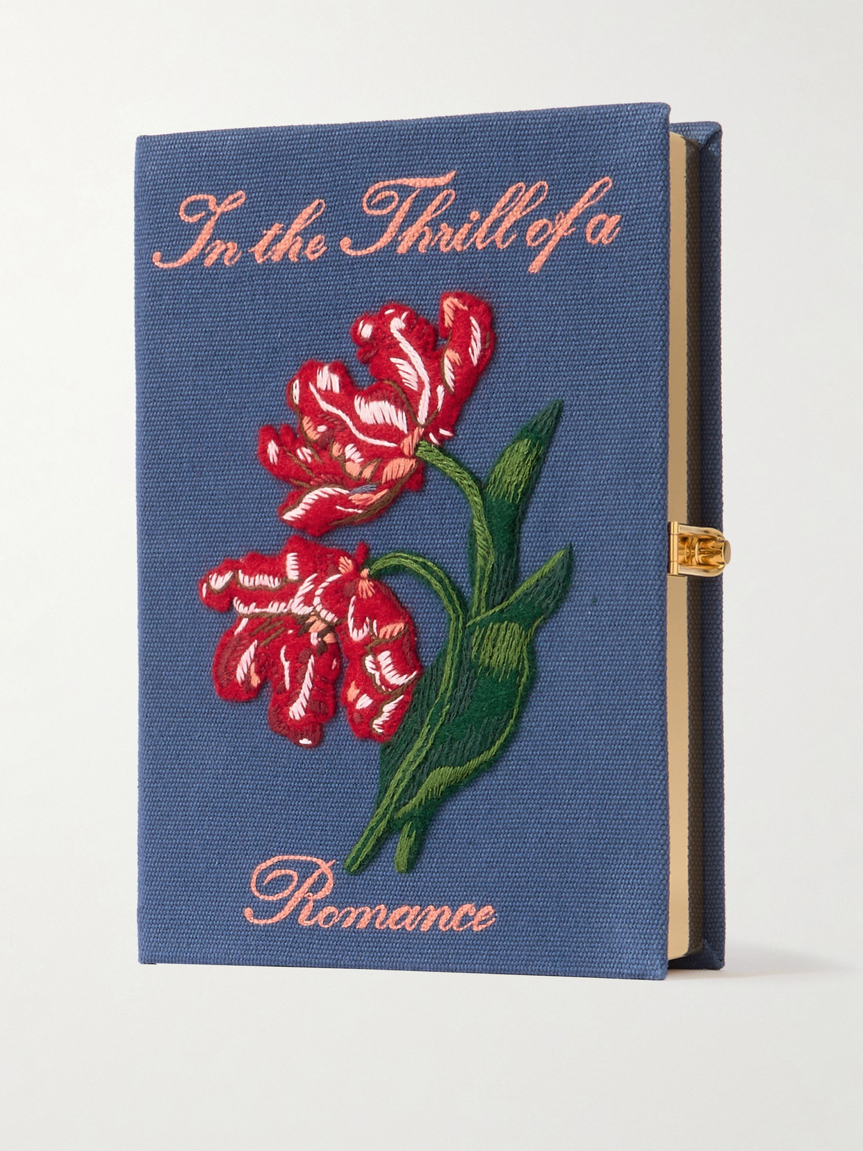 Olympia Le-tan The Thrill Of A Romance Book Embroidered Appliquéd Canvas Clutch In Blue