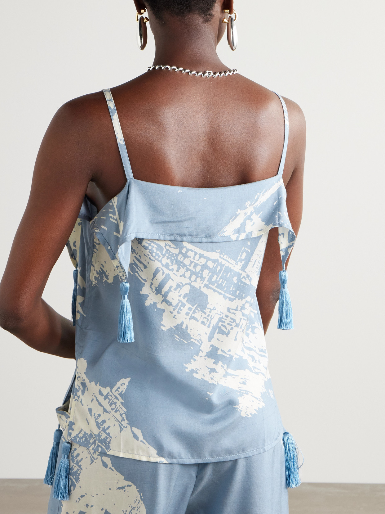 Tasseled Printed Silk And Cotton-Blend Shantung Tank