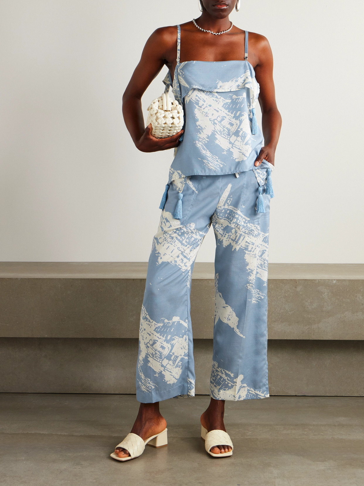 Tasseled Printed Silk And Cotton-Blend Shantung Tank
