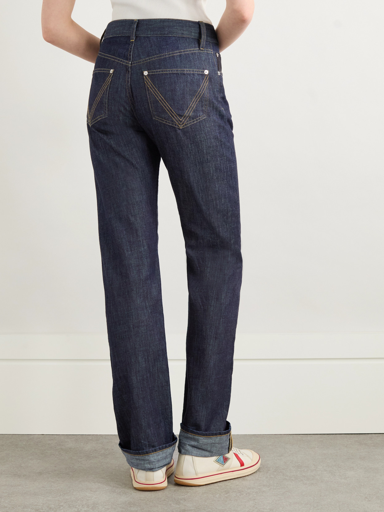 BOTTEGA VENETA INTRECCIATO SUEDE-TRIMMED MID-RISE STRAIGHT-LEG JEANS
