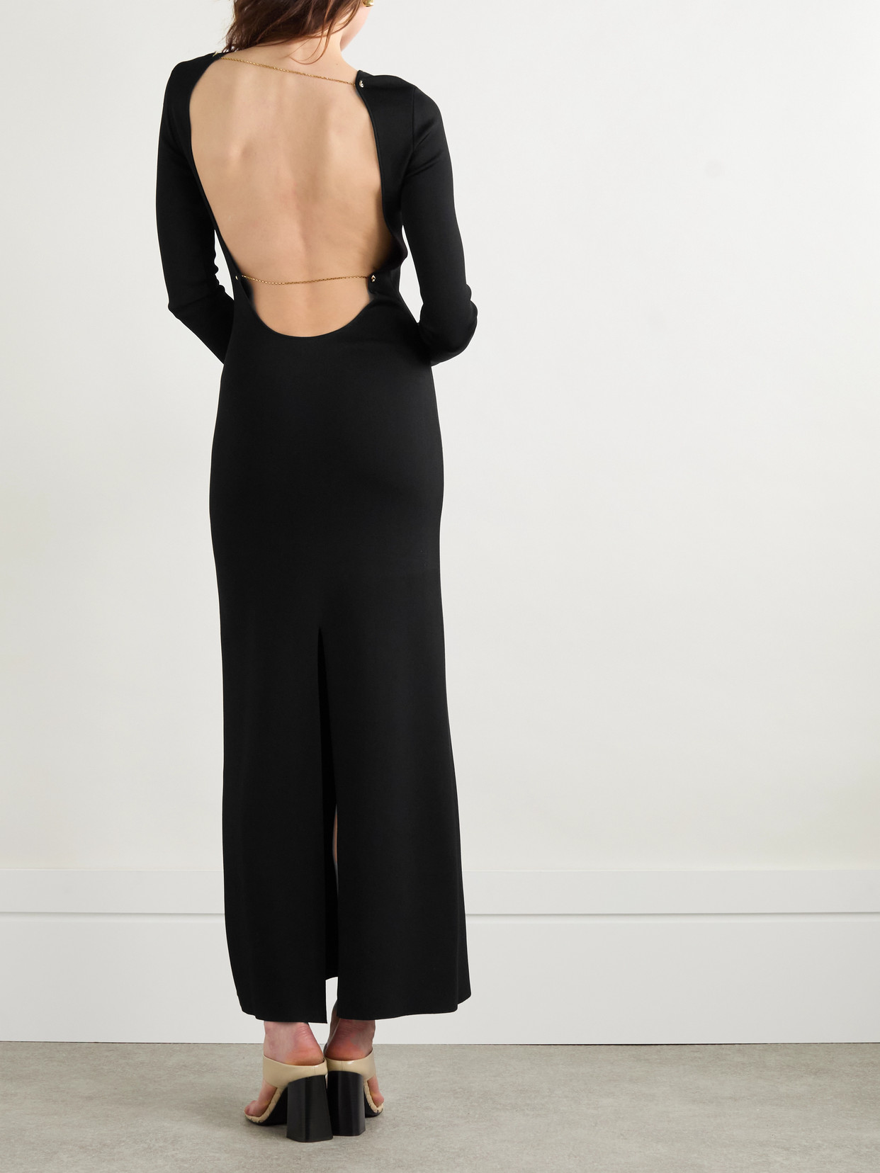 BOTTEGA VENETA OPEN-BACK CHAIN-EMBELLISHED KNITTED MAXI DRESS 