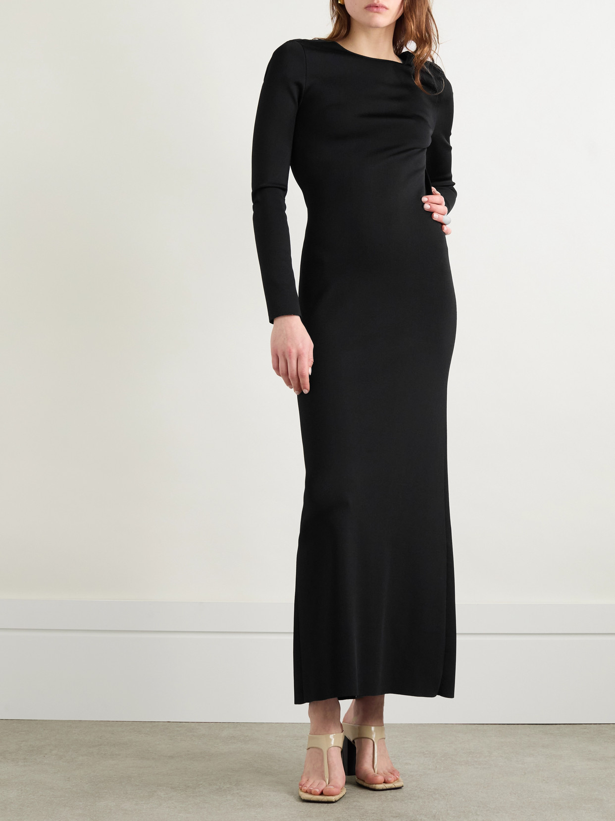 BOTTEGA VENETA OPEN-BACK CHAIN-EMBELLISHED KNITTED MAXI DRESS 