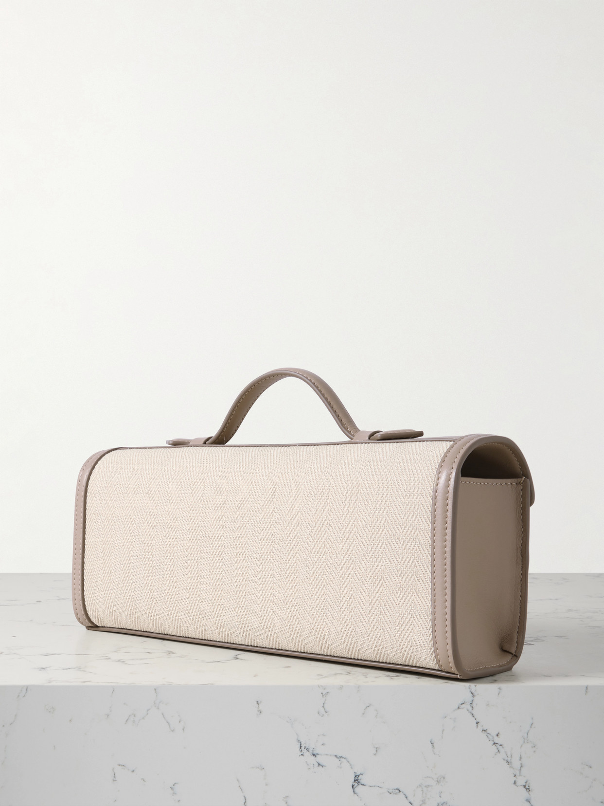 Savette Slim Symmetry Pochette Leather-trimmed Herringbone Linen Tote In Neutral
