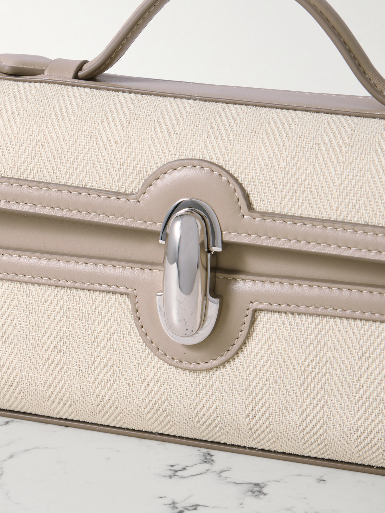 Savette Slim Symmetry Pochette Leather-trimmed Herringbone Linen Tote In Neutral