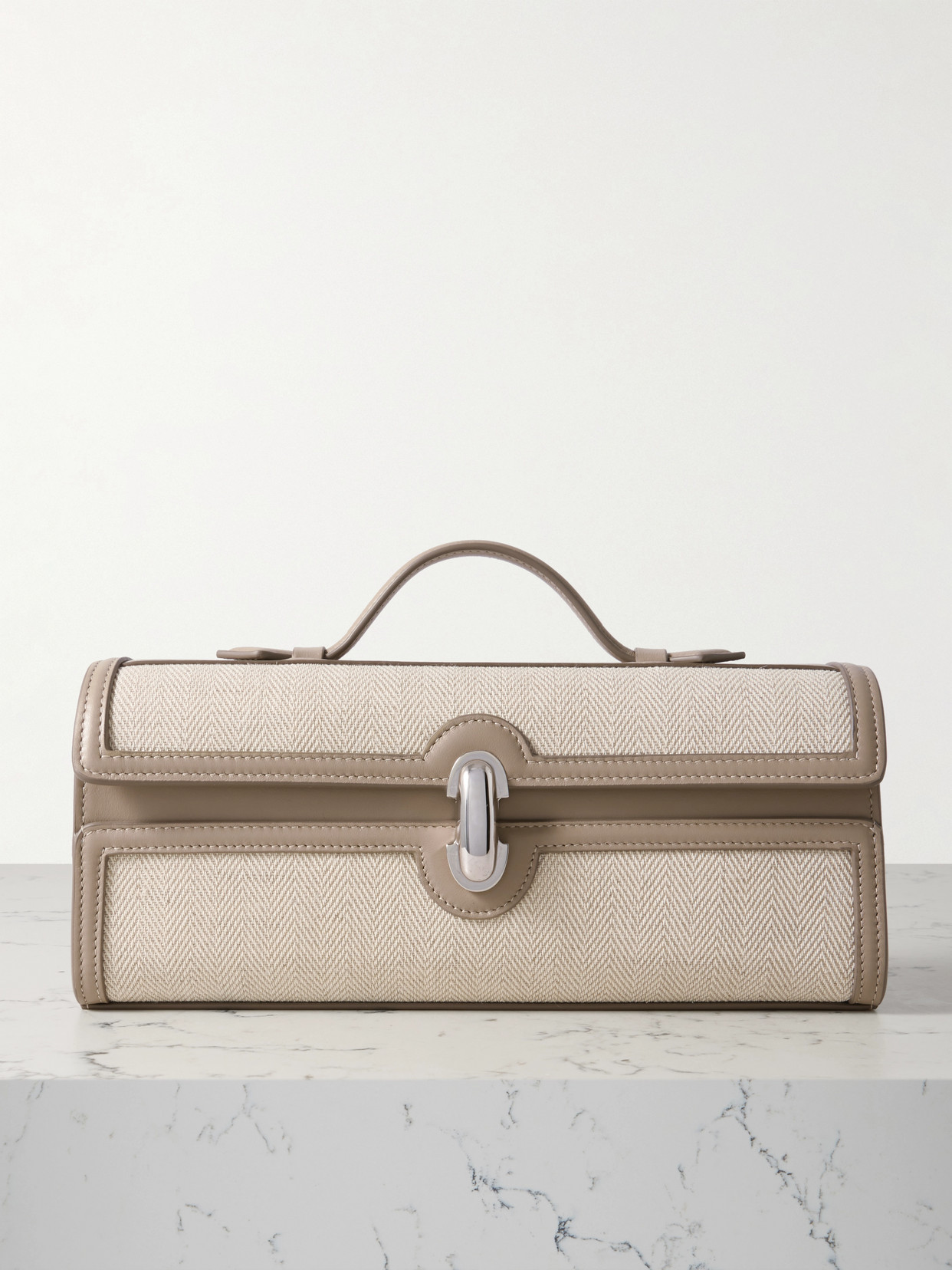 Savette Slim Symmetry Pochette Leather-trimmed Herringbone Linen Tote In Neutral