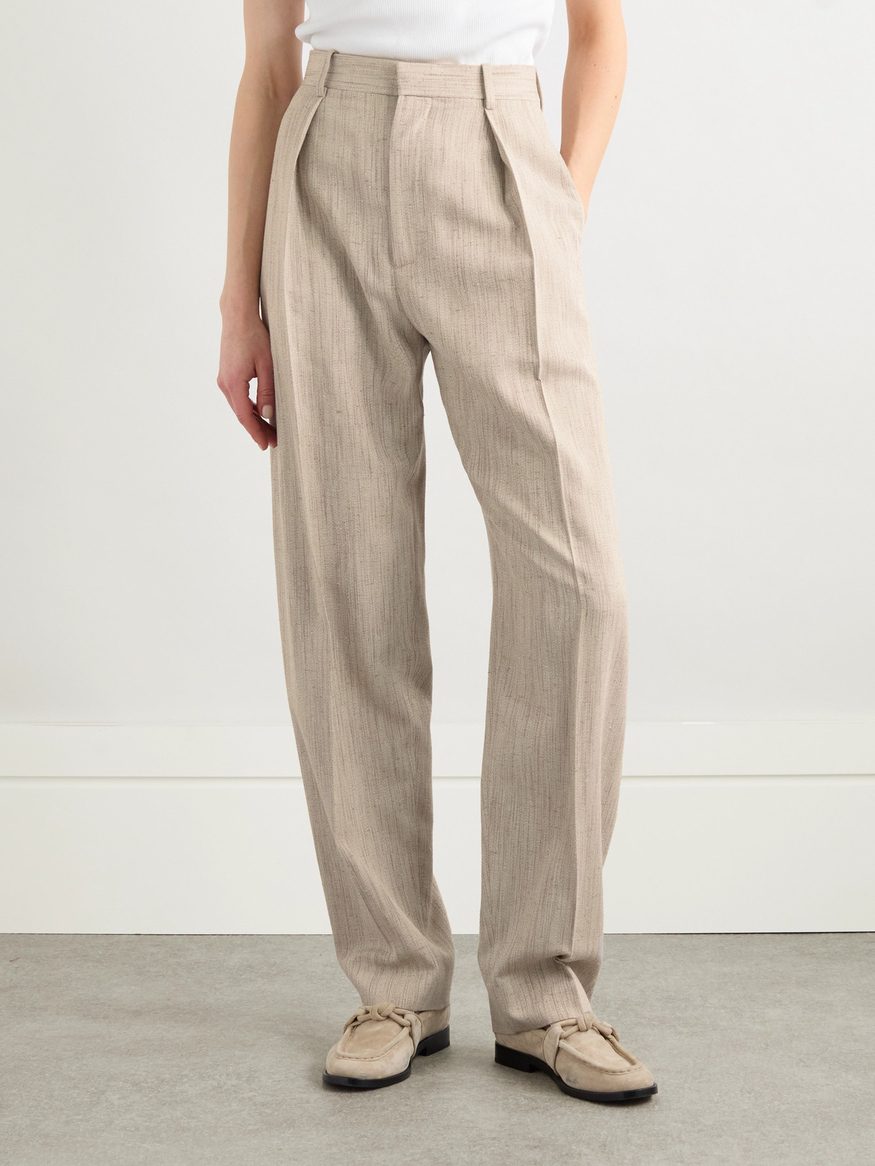 Shop Bottega Veneta Pleated Canvas Tapered Pants