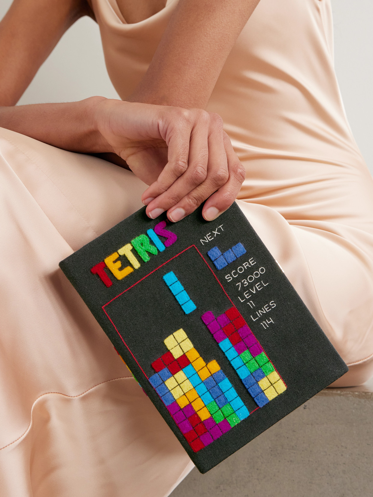 Olympia Le-tan Tetris Embroidered Appliquéd Canvas Clutch In Black