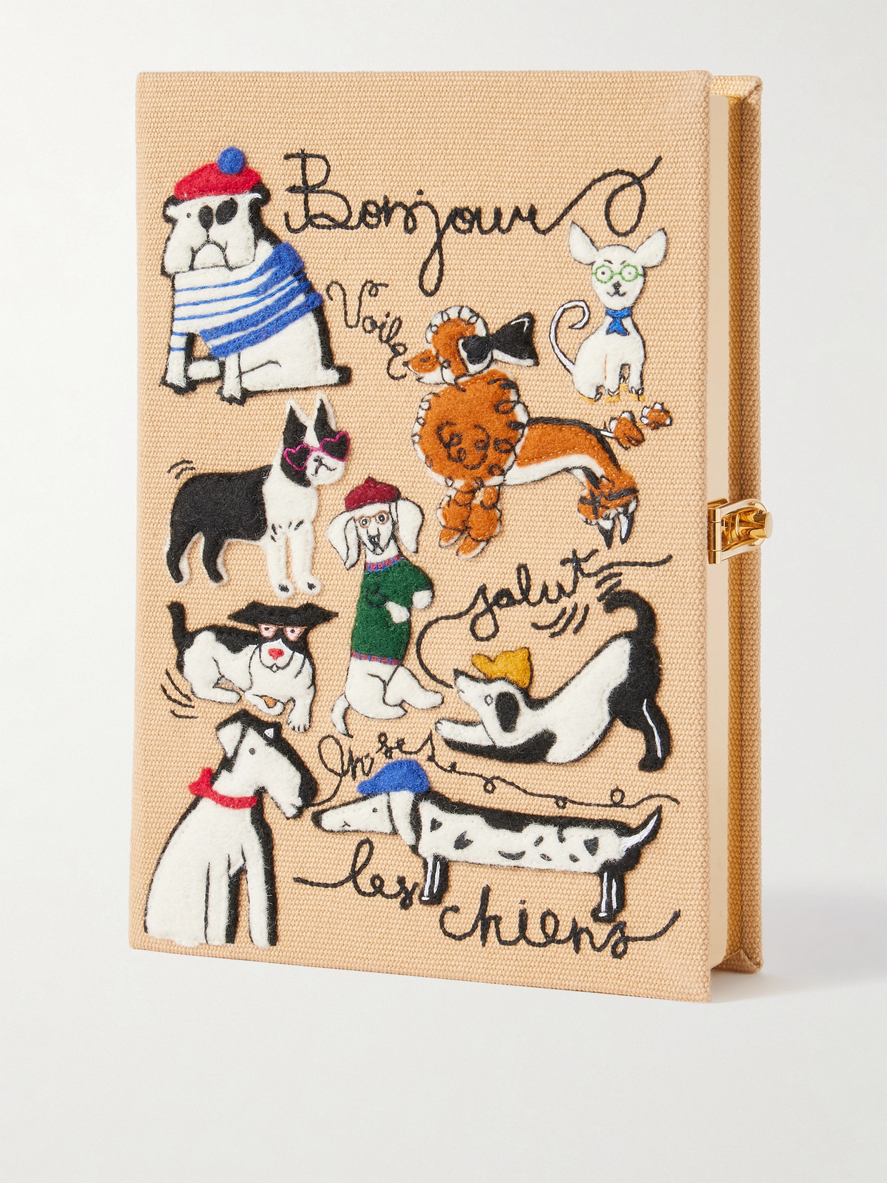 Olympia Le-tan Dogs Embroidered Appliquéd Canvas Clutch In Neutral