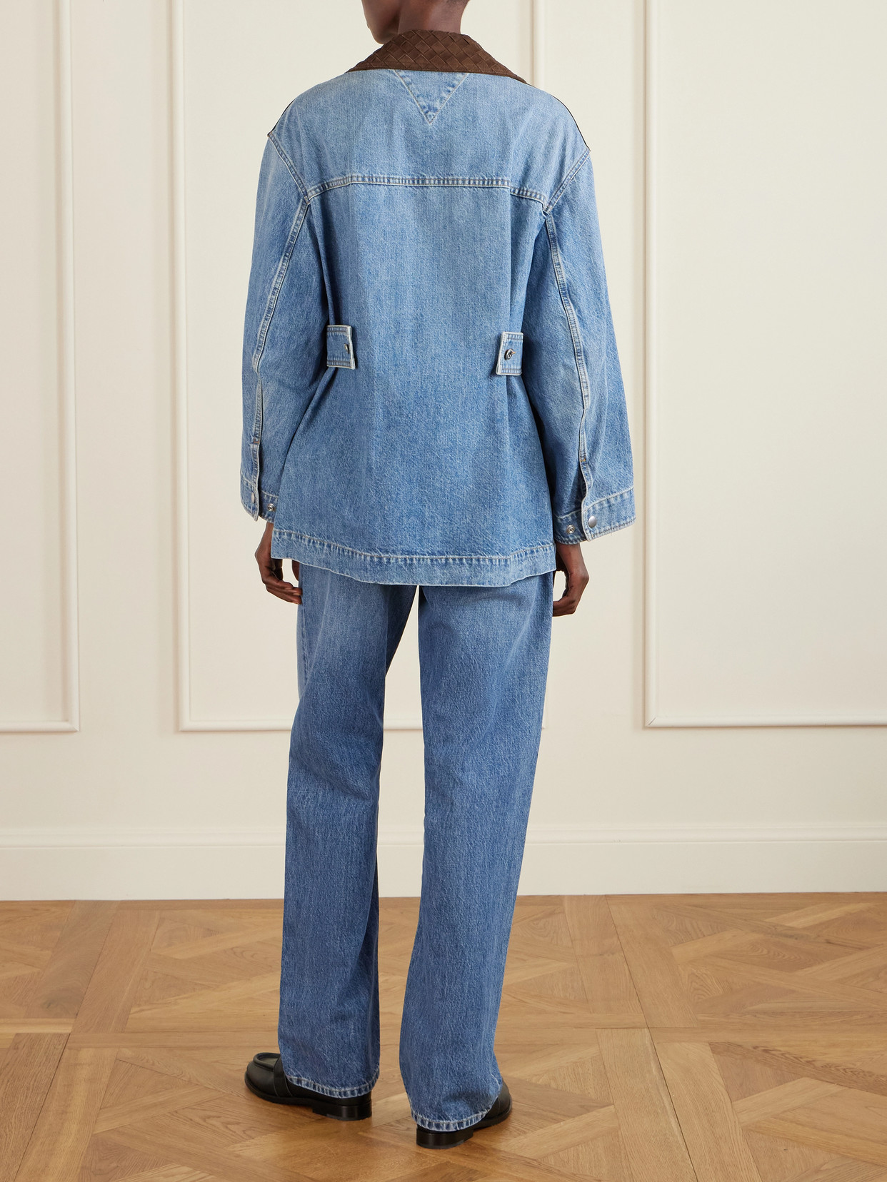 Intrecciato Leather-Trimmed Denim Jacket