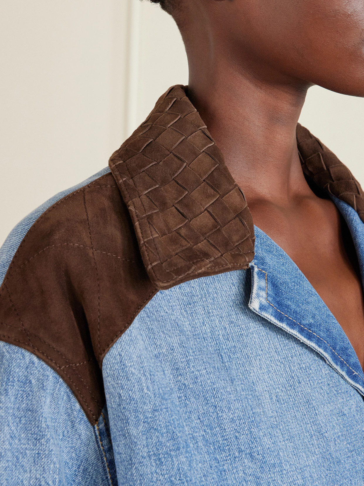 Intrecciato Leather-Trimmed Denim Jacket