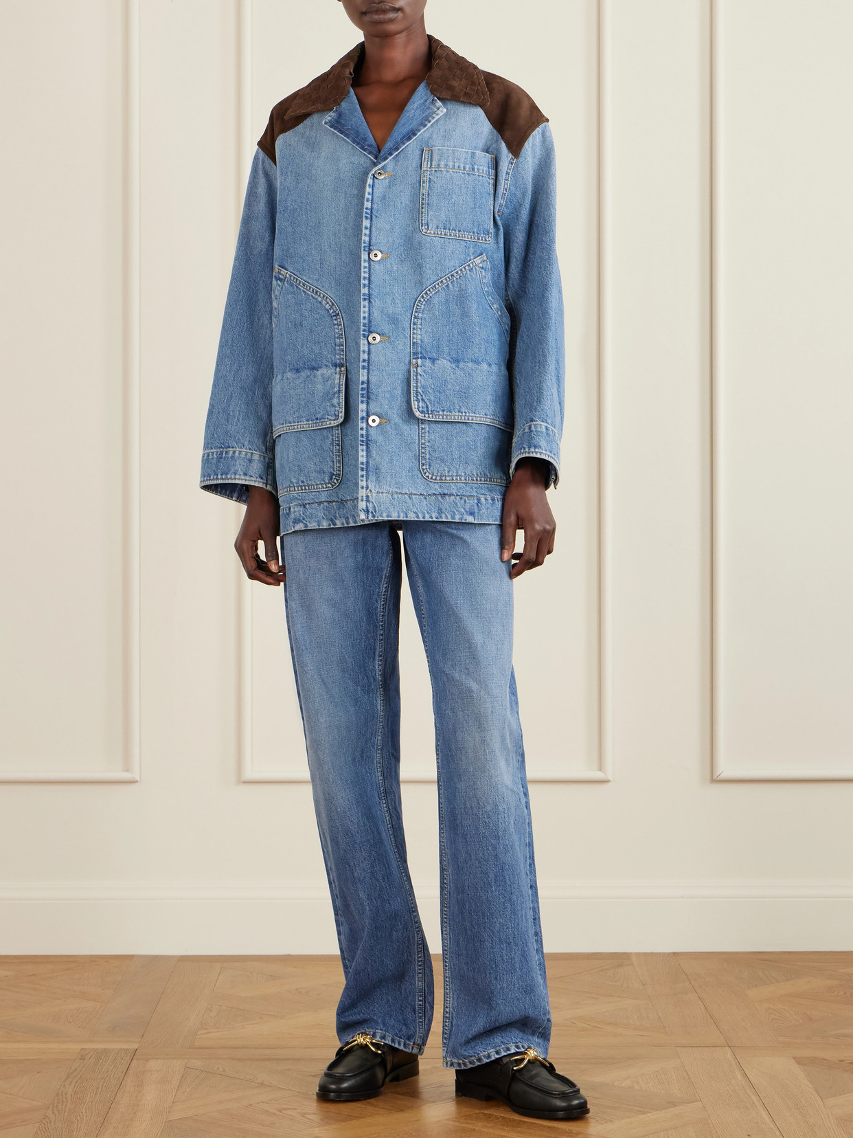 Intrecciato Leather-Trimmed Denim Jacket