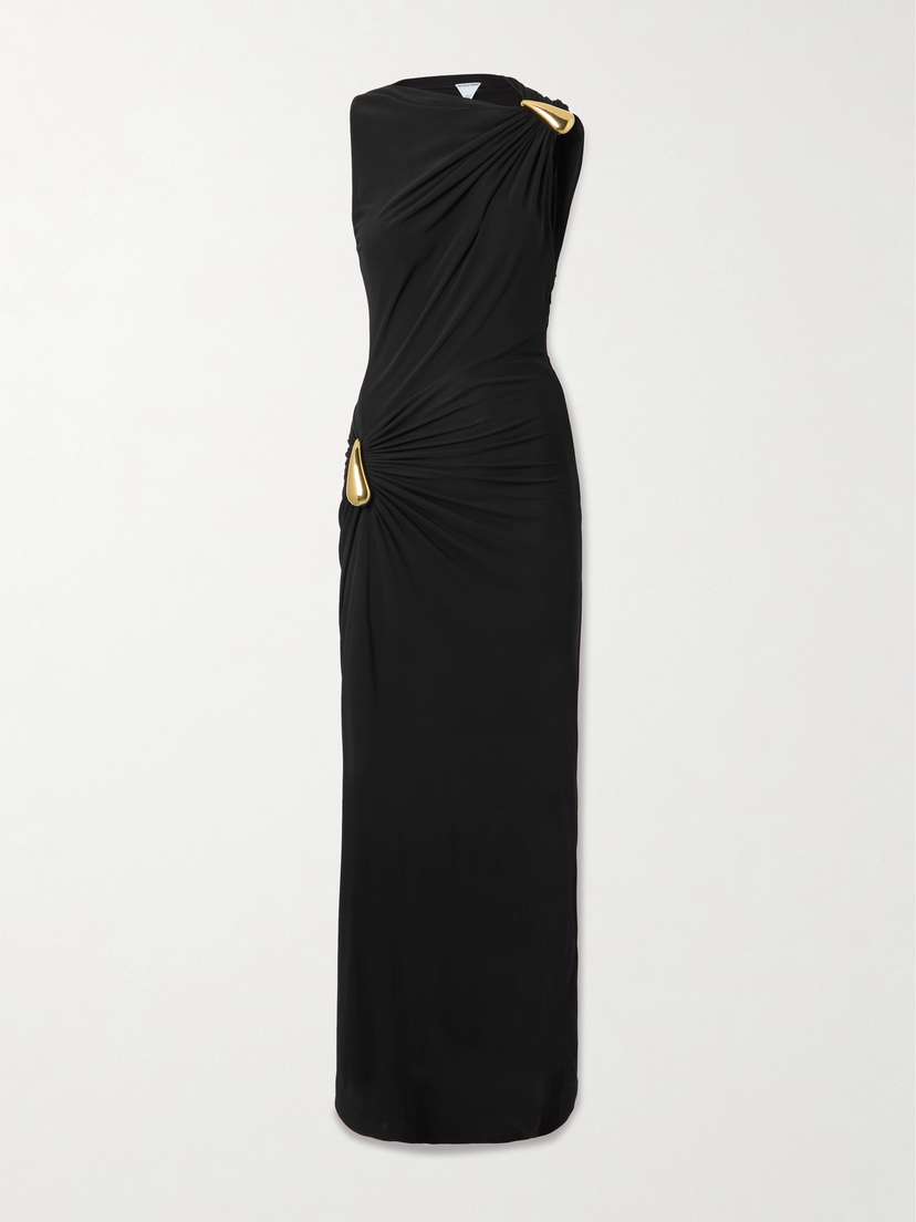 Bottega Veneta Gathered Embellished Crepe-jersey Maxi Dress