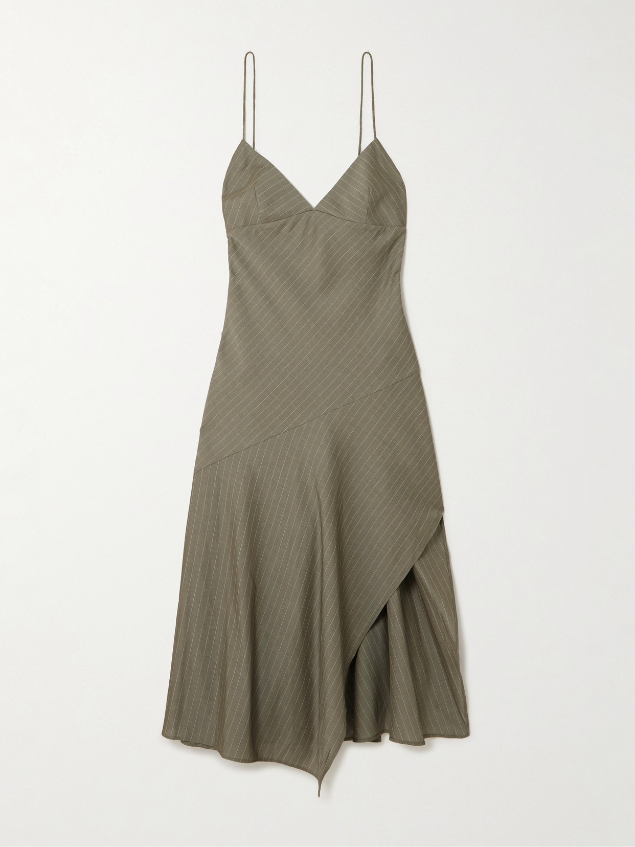 St Agni Paneled Asymmetric Pinstriped Cotton-blend Twill Dress In Green