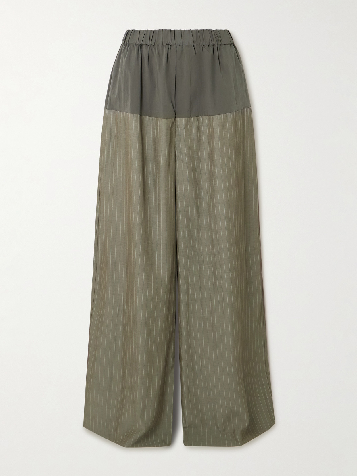 St Agni Splice Pinstriped Twill And Cotton-blend Poplin Wide-leg Pants In Green