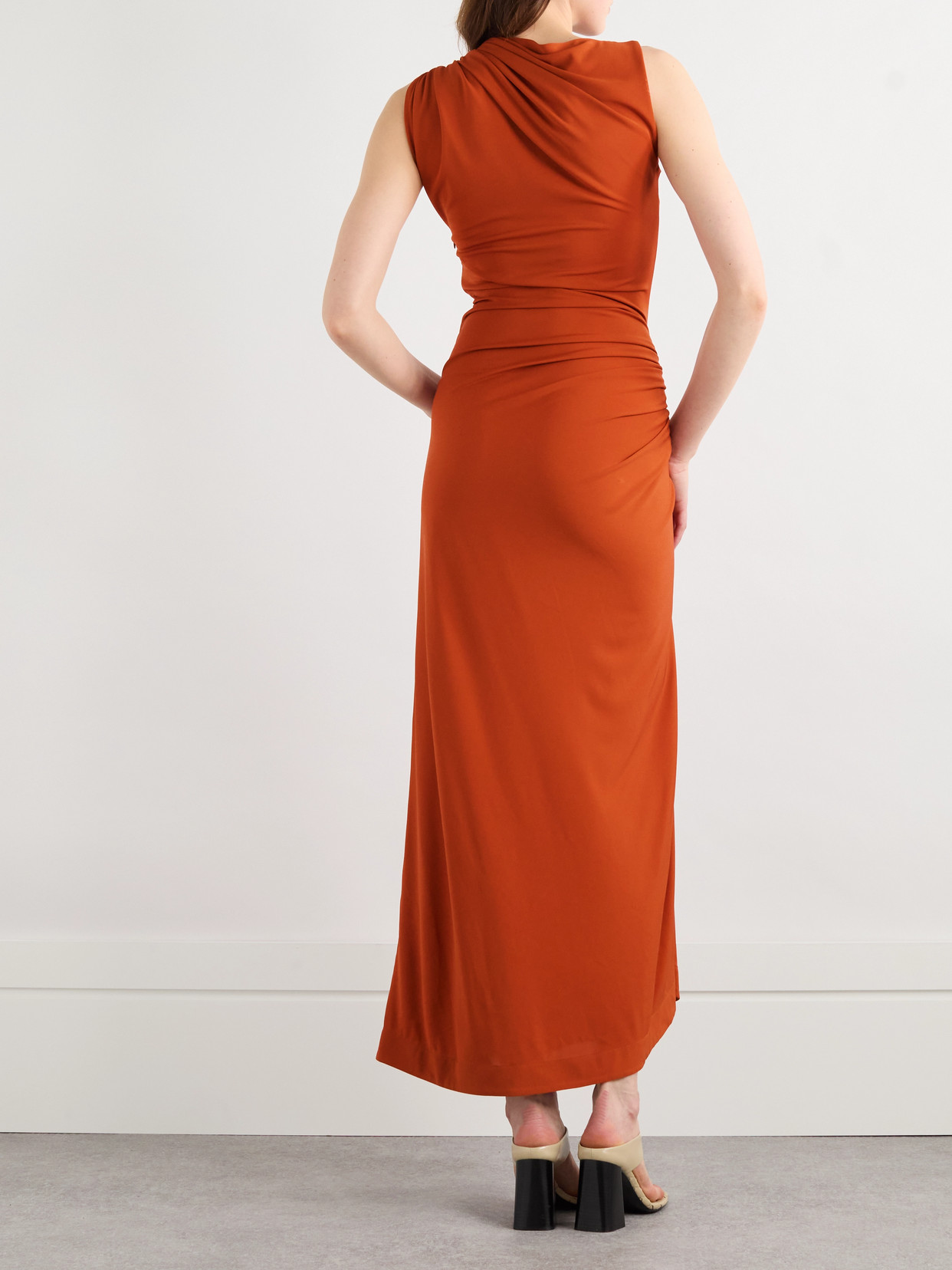 Shop Bottega Veneta Gathered Embellished Crepe-jersey Maxi Dress