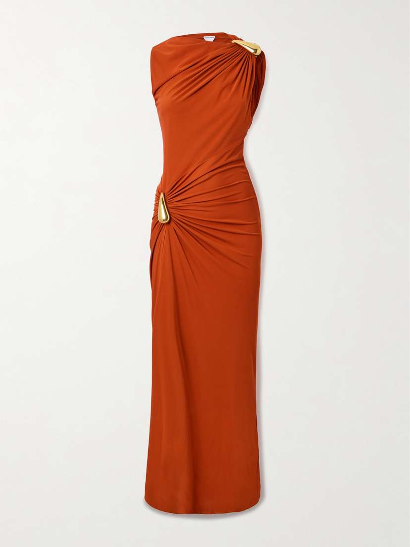 Bottega Veneta Gathered Embellished Crepe-jersey Maxi Dress