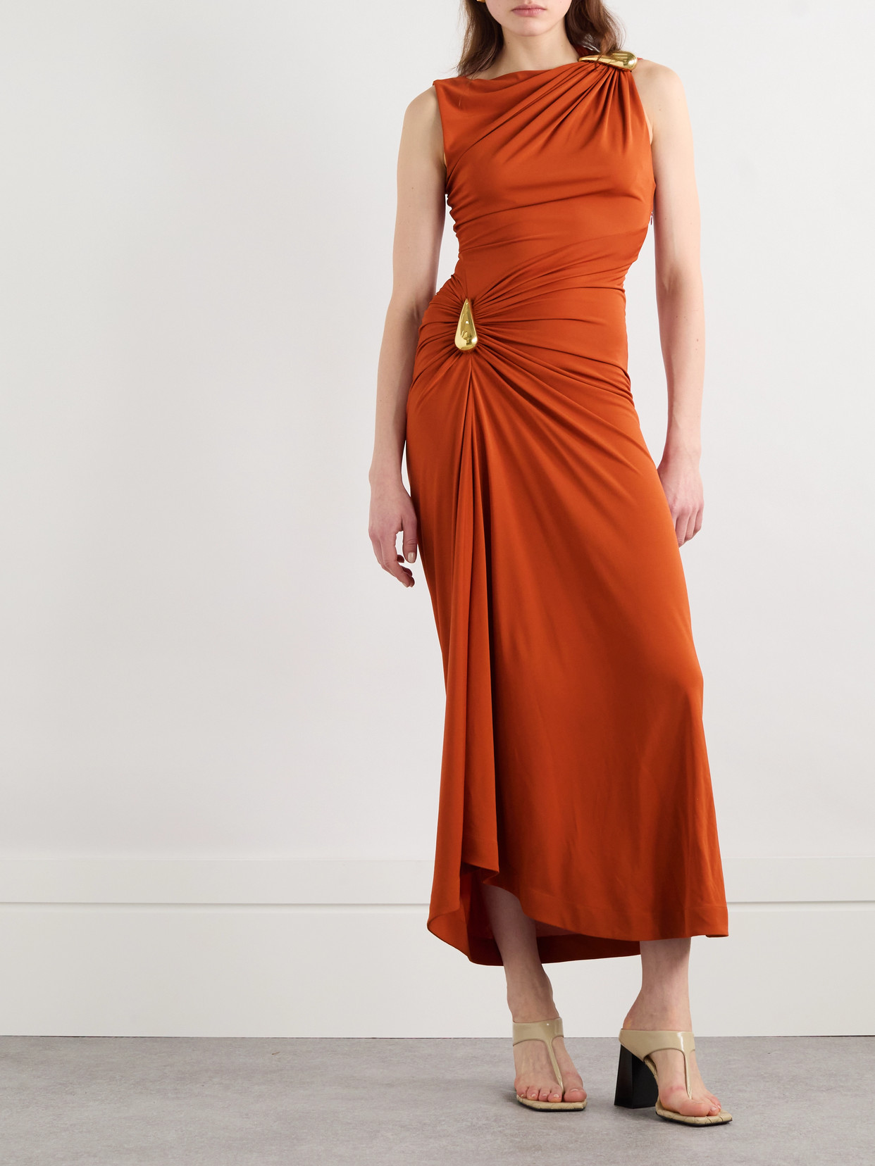 Shop Bottega Veneta Gathered Embellished Crepe-jersey Maxi Dress