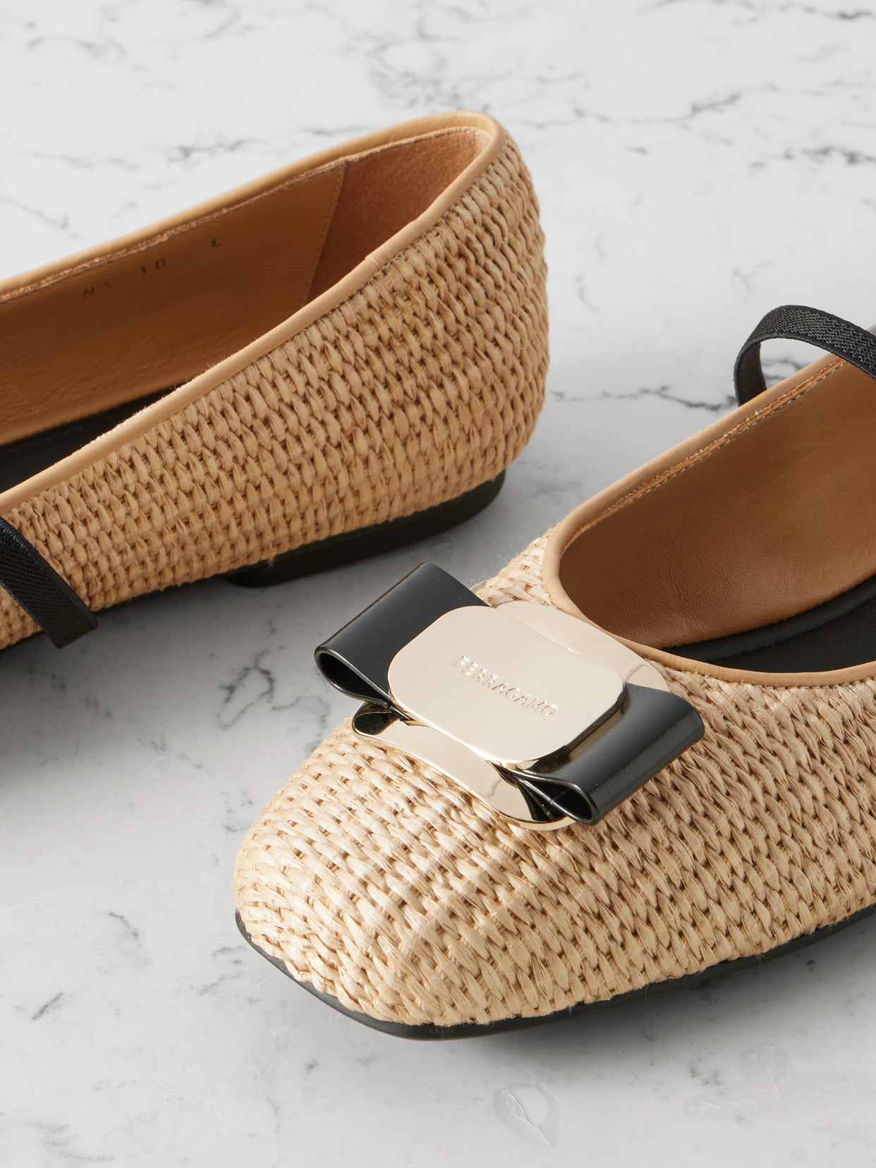 Ferragamo New Vara Embellished Raffia Flats