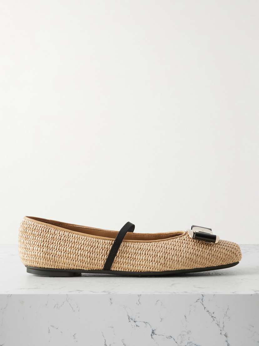 Ferragamo New Vara Embellished Raffia Flats