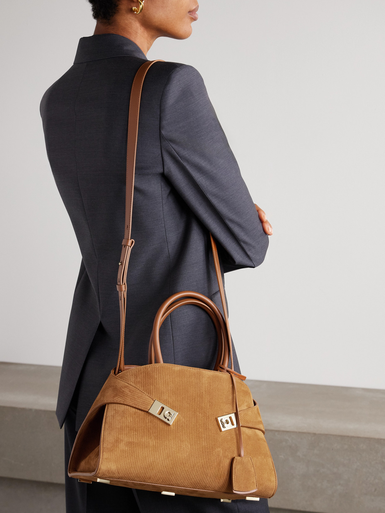 Ferragamo Hug Grainy Small Embellished Leather-trimmed Ribbed Suede Tote In Brown
