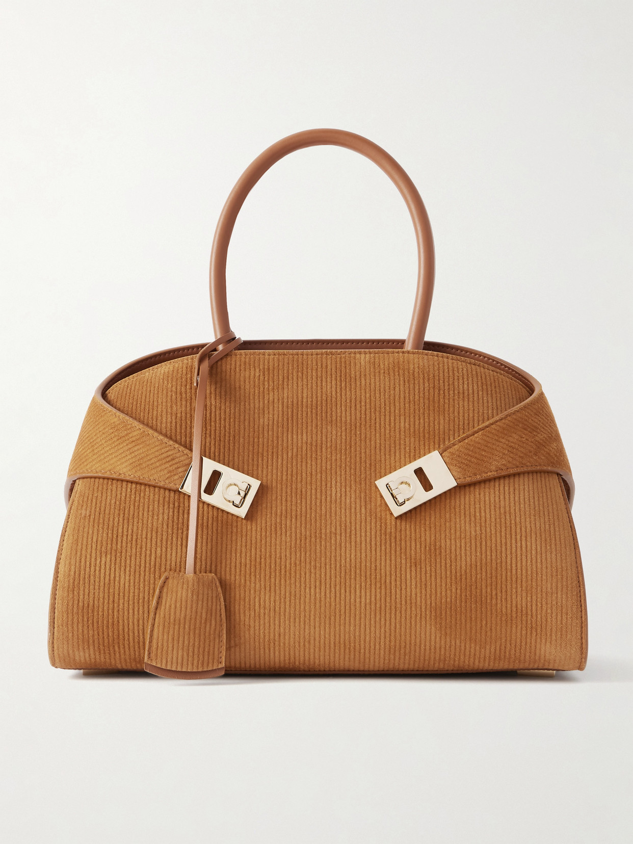 Ferragamo Hug Grainy Small Embellished Leather-trimmed Ribbed Suede Tote In Silver